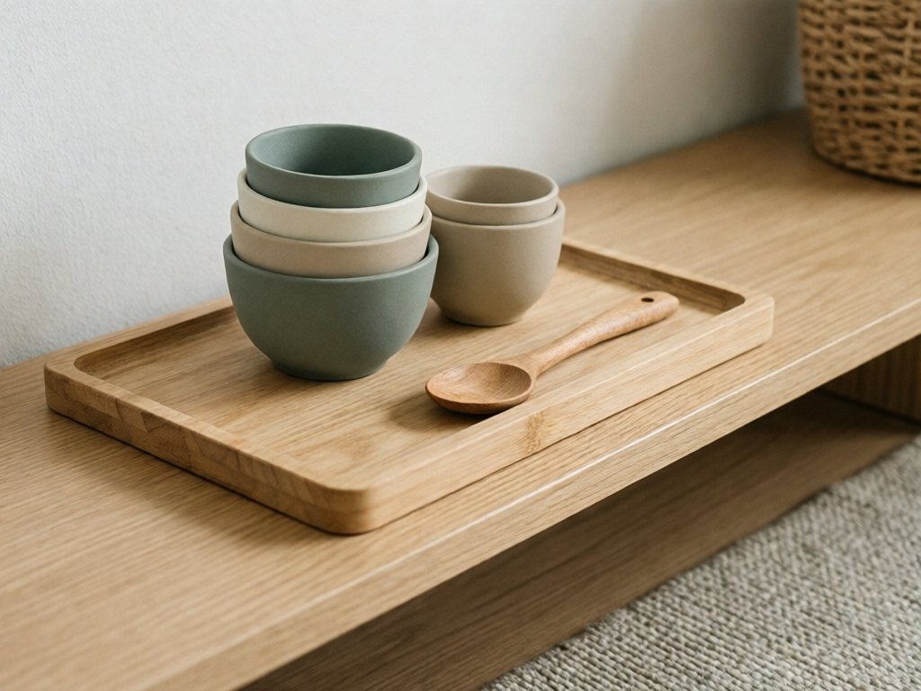 A shallow wooden tray holding nesting cups and a scoop on a low oak shelf