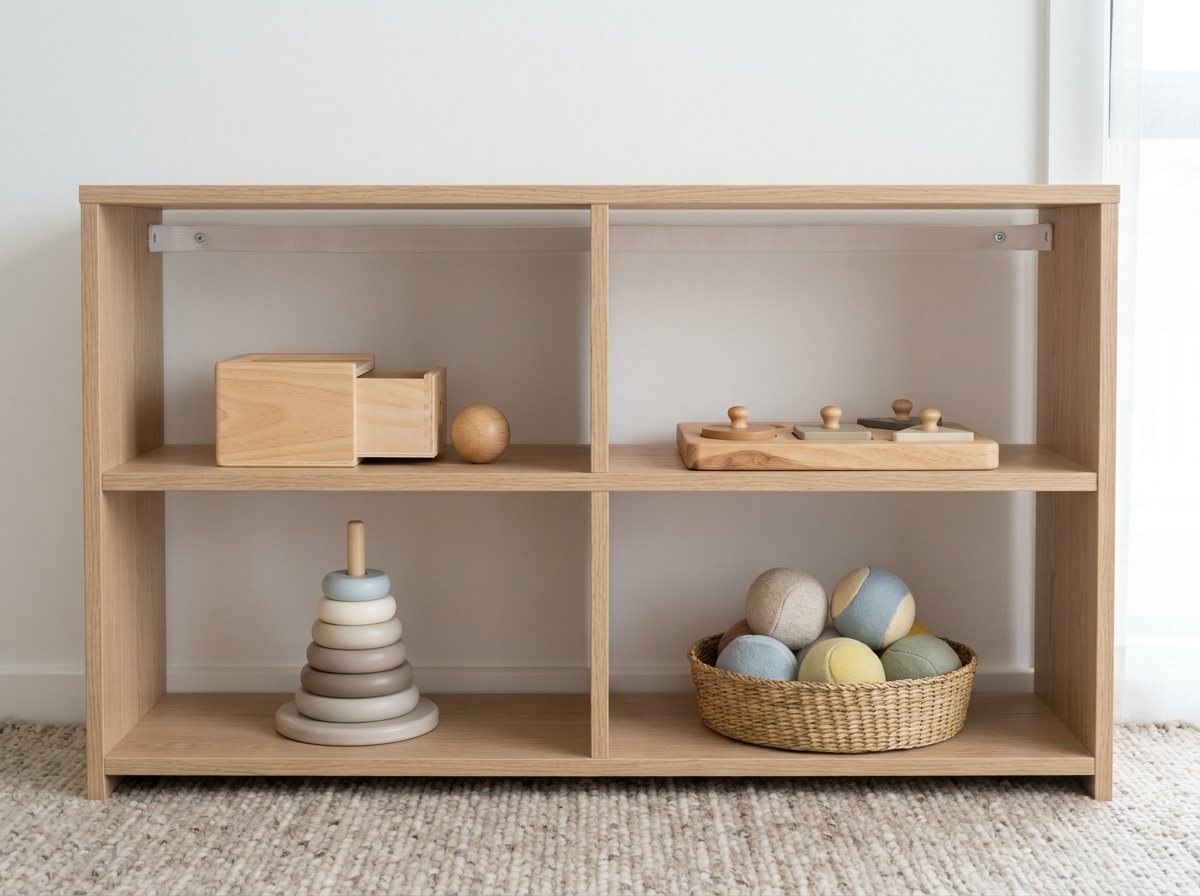 Low anchored oak shelf with an object permanence box, knobbed puzzle, stacking rings and basket of soft balls