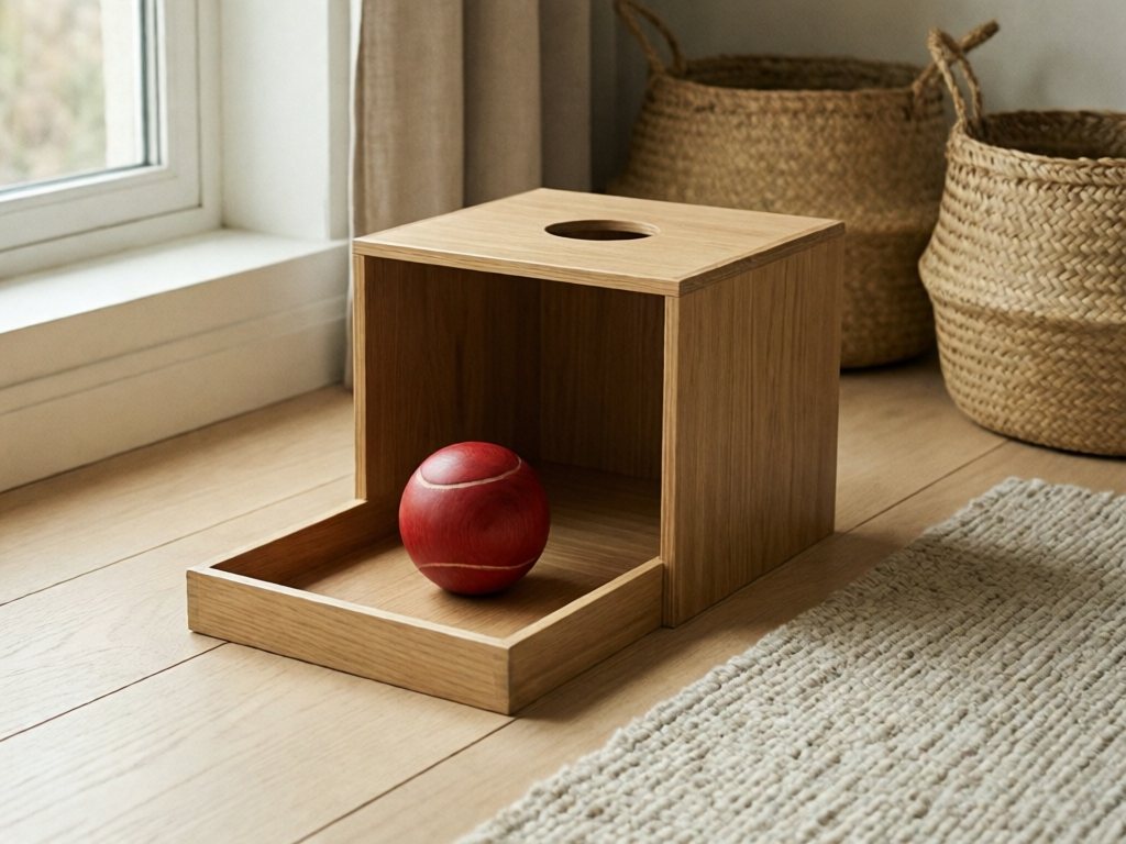 Wooden object permanence box with a large red ball resting in its tray on a pale wood floor