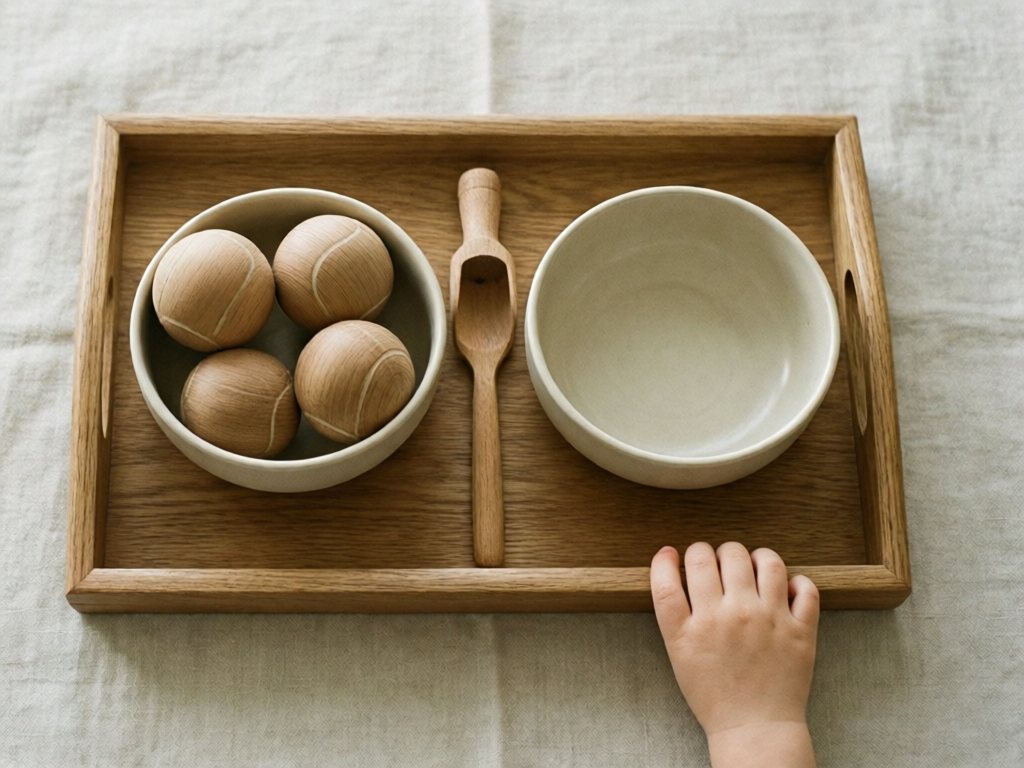 Overhead view of a wooden transfer tray with two bowls, a scoop and large wooden balls