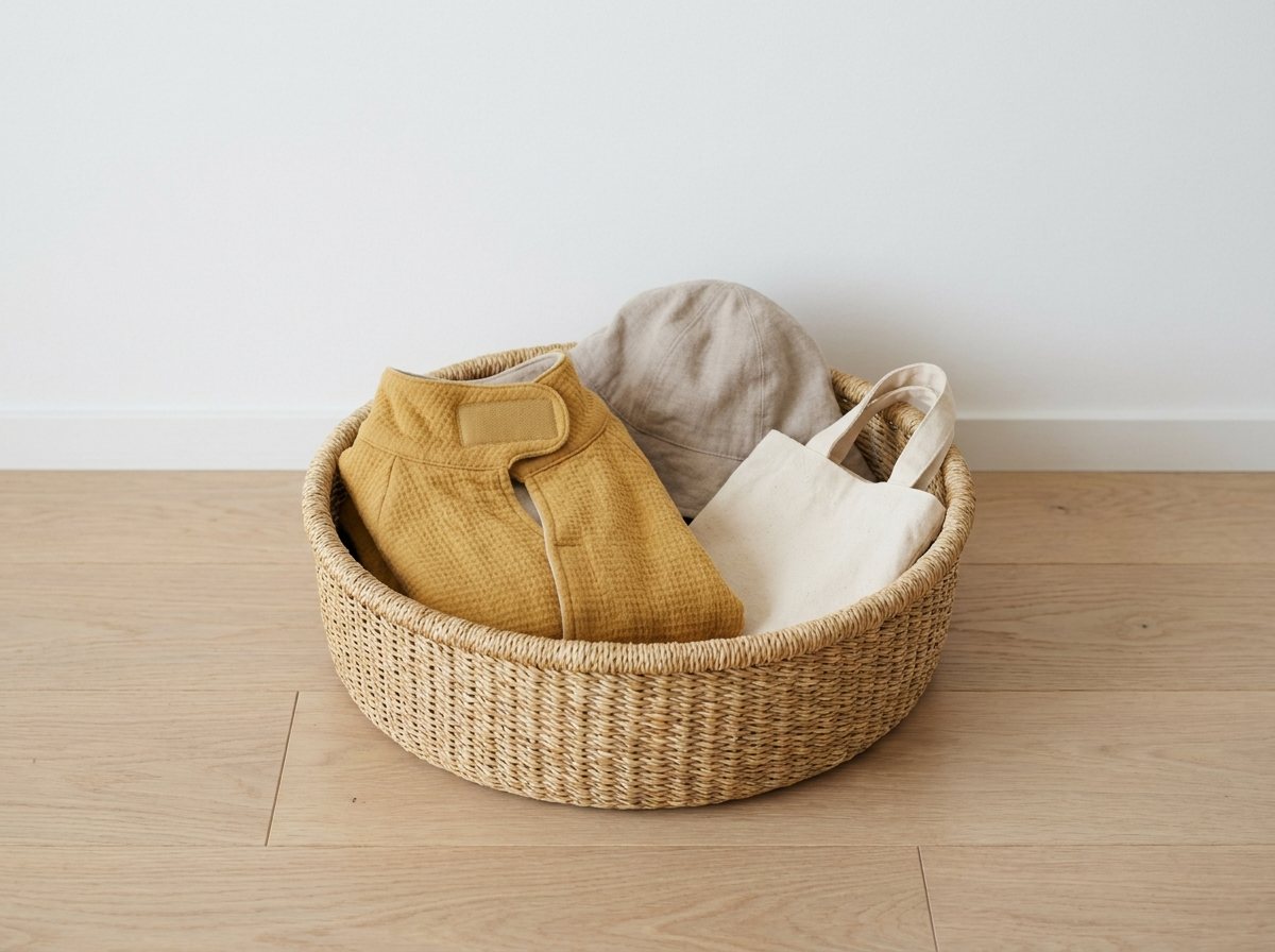 Low woven basket holding a mustard cape, cloth hat and small canvas bag on a wood floor