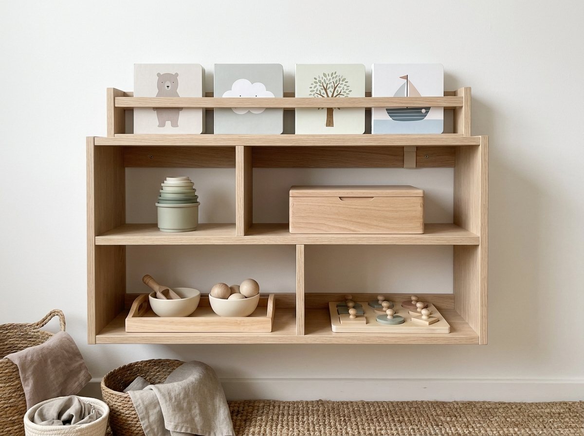 Anchored low oak shelf with a transfer tray, knobbed puzzle, nesting cups, a closed wooden box and four board books