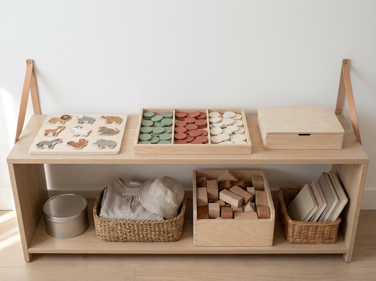 Anchored low oak shelf with an inset puzzle, sorting tray, play-dough tin, dress-up basket and block bin