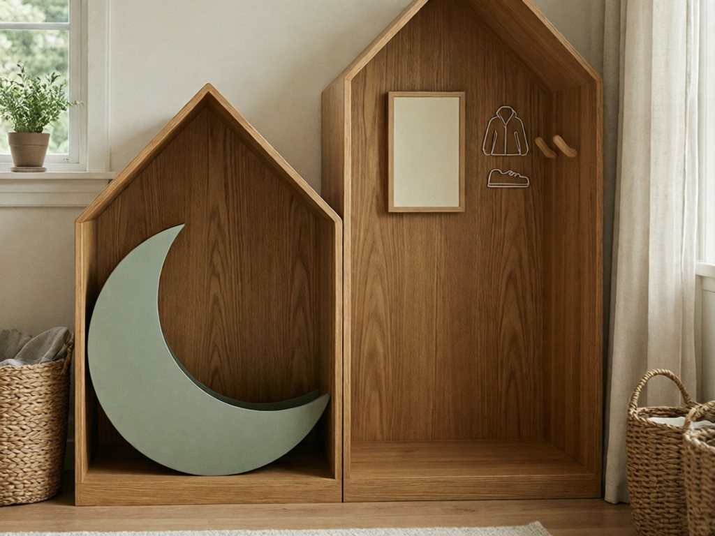 Two oak cubby stalls, one with a sage moon icon set low and the other with a cream card in a frame set higher