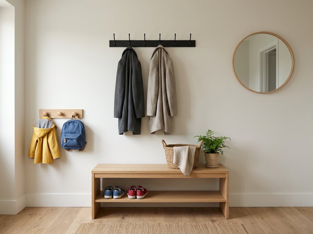 Mudroom wall with a light oak shoe bench, low kid knob hooks, a higher adult hook rail and a round mirror