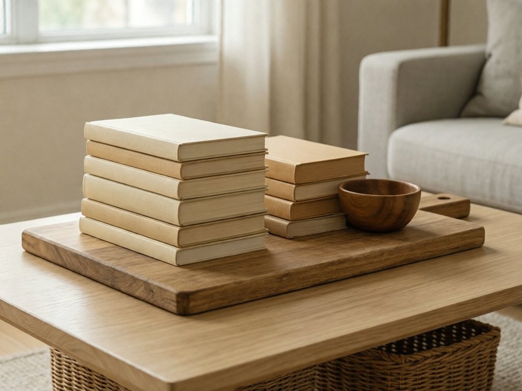 Wood cutting board on a coffee table holding a tall book stack, a shorter book stack and a small wooden bowl