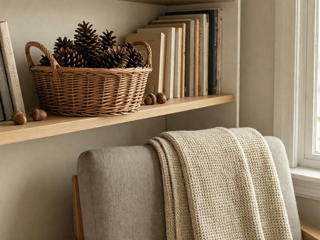 Woven basket of pinecones and acorns on a high shelf above a cozy reading corner
