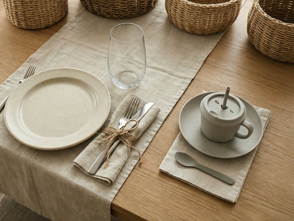 Adult stoneware place setting beside a matching oat-colored melamine kids' setting with a lidded cup