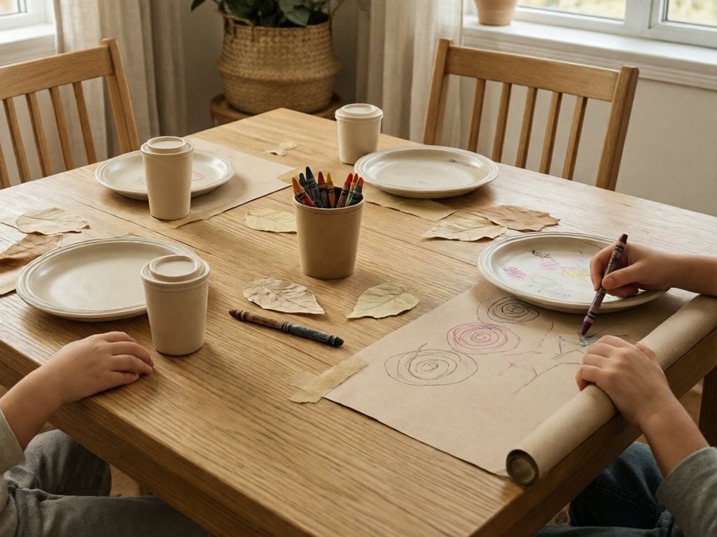 Kraft paper runner taped to a table with crayons, doodles and a child's hand drawing beside melamine plates