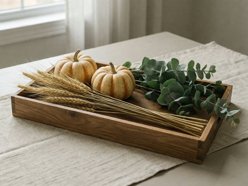 Low wooden tray on a linen runner holding two cream pumpkins, dried wheat stalks and faux eucalyptus sprigs