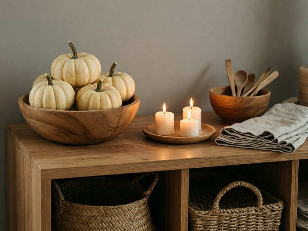 Wooden sideboard with a low wooden bowl of pumpkins, folded napkins, serving spoons and a tray of flameless LED candles