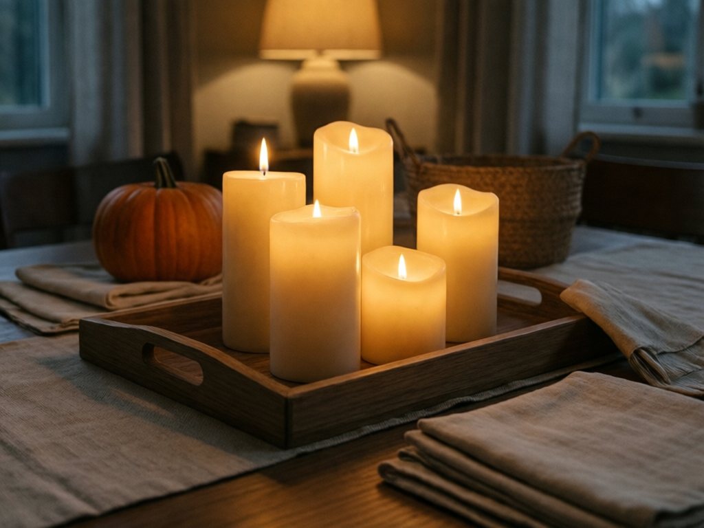 Warm-glowing flameless LED taper and pillar candles on a wooden tray over an oatmeal linen runner
