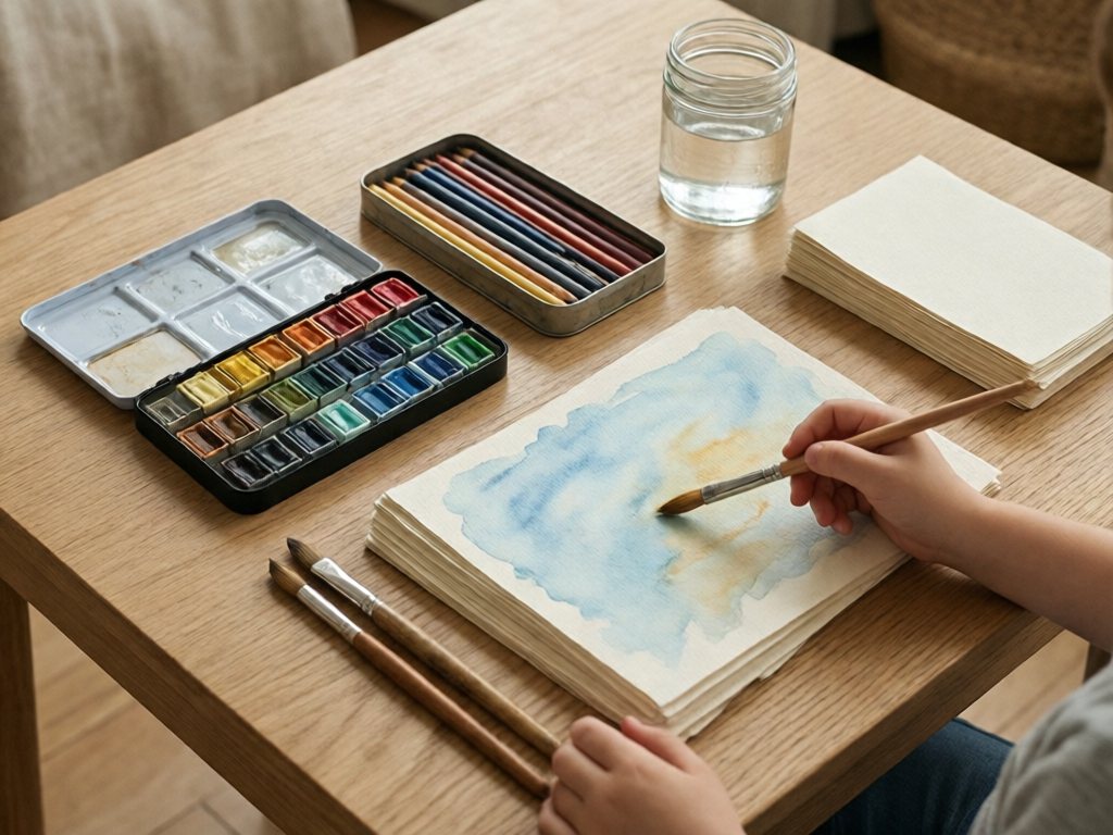 Watercolor set, brushes, pencil tin and thick paper with a blue and ochre wash on a wooden table