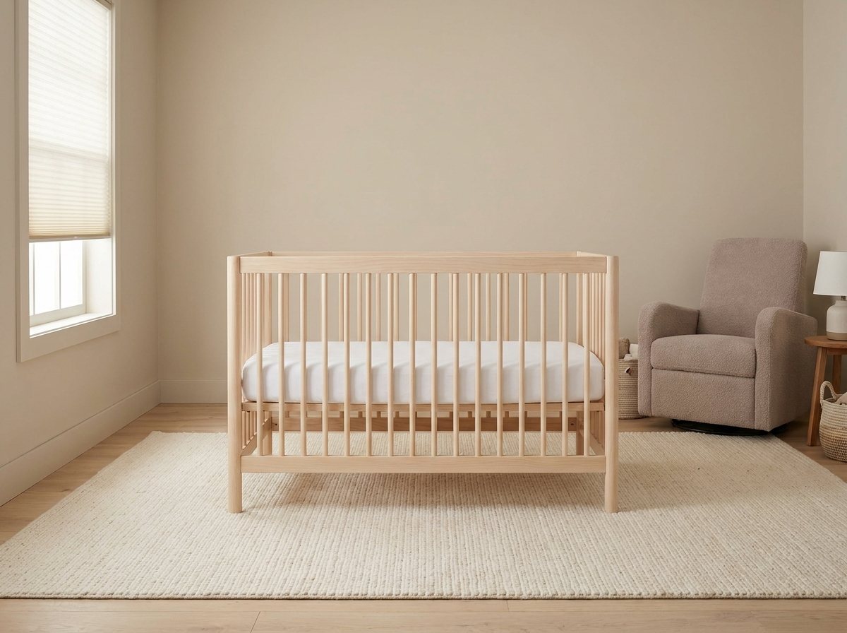 Wood crib floating in the middle of a neutral nursery on a flat cream rug