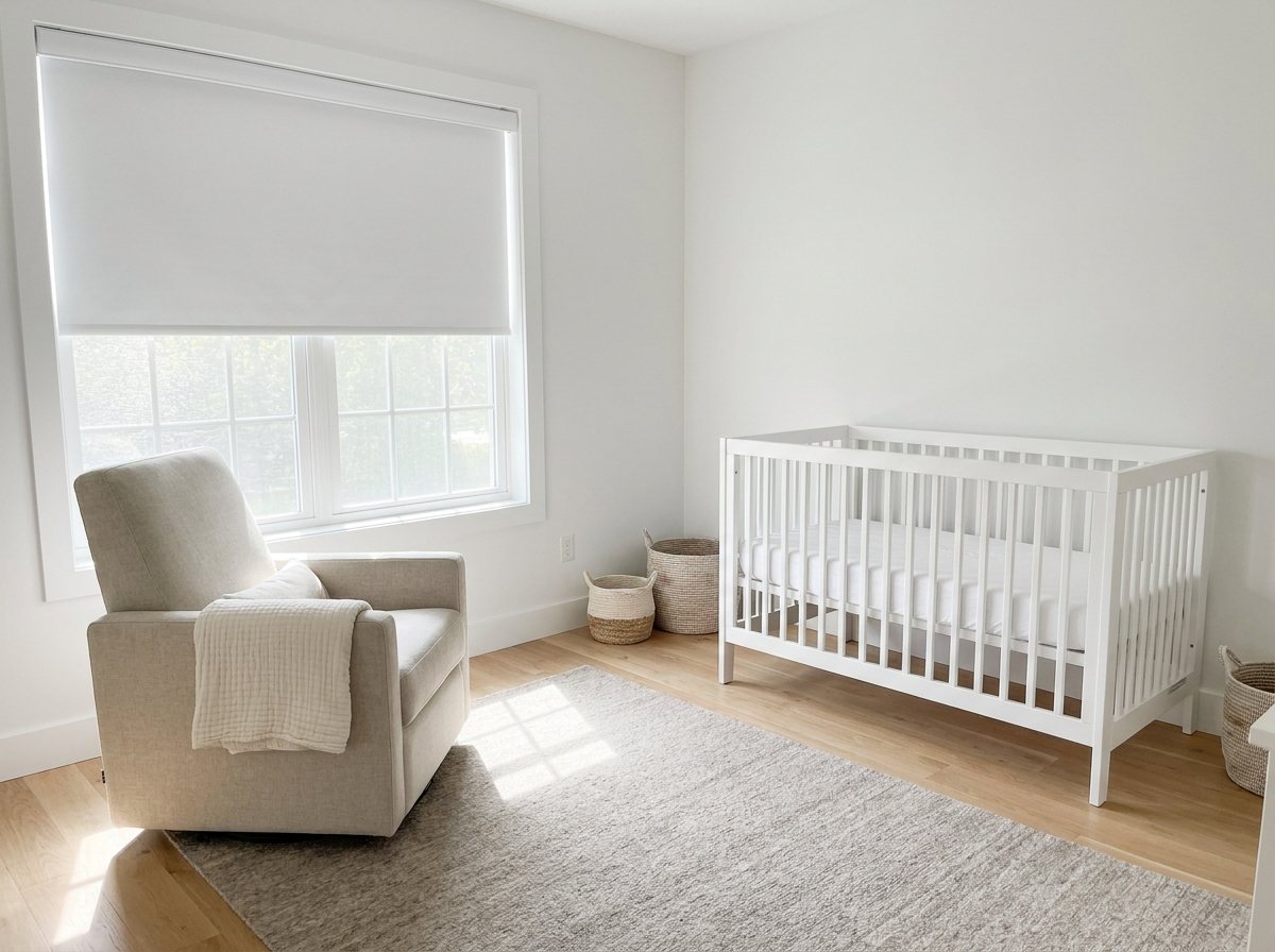 Bright nursery with cordless shade, glider by the window and a white crib on the far side of the room