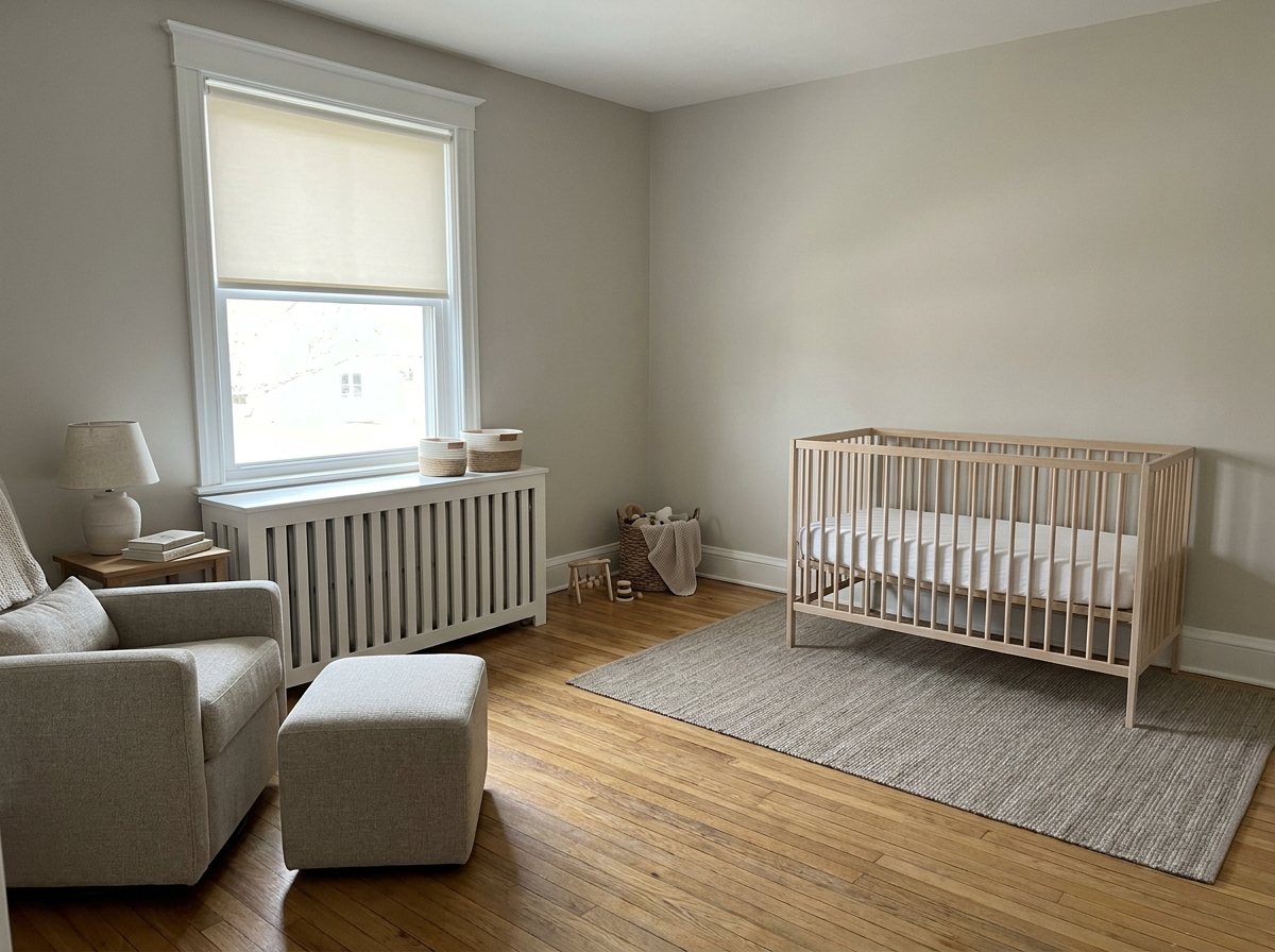 Nursery with a covered radiator under a window and a crib set far across the room on a flat rug