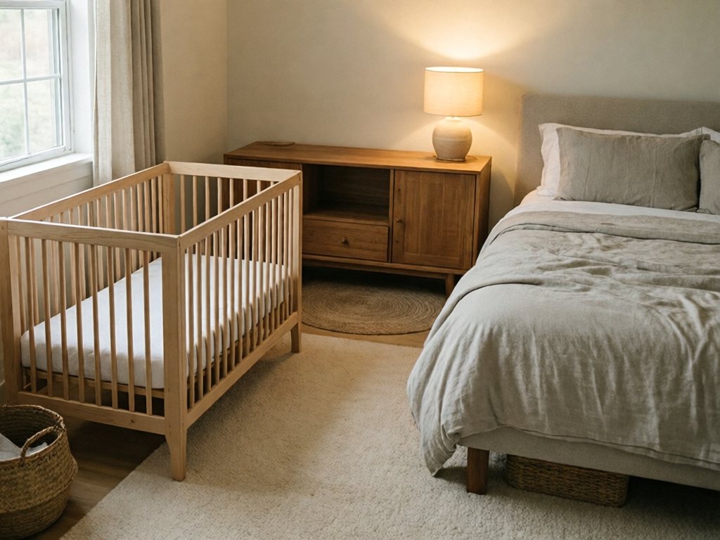 Crib beside a bed in a shared bedroom with a low closed cabinet marking the baby zone