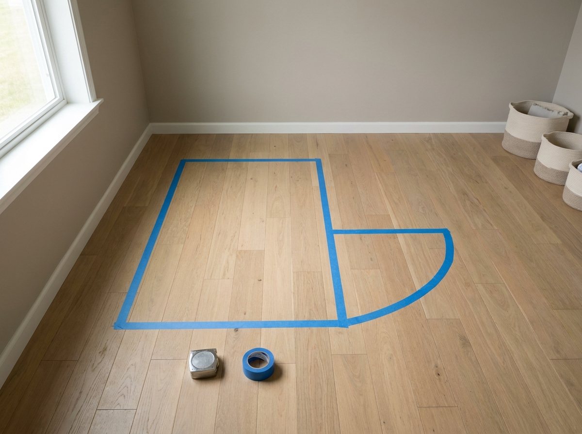 Painter's tape outline of a crib footprint and door-swing arc on a wood floor