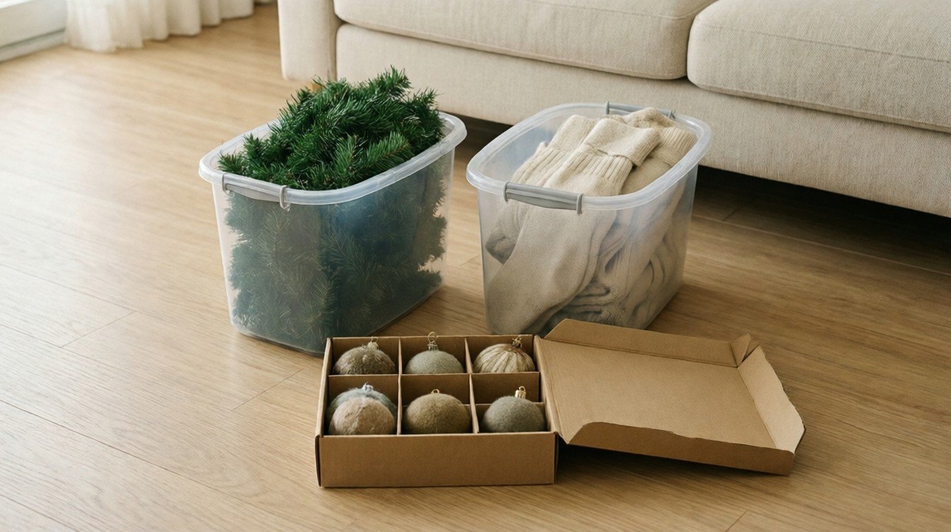 Clear storage bins of holiday decorations and a divided ornament box on a living room floor