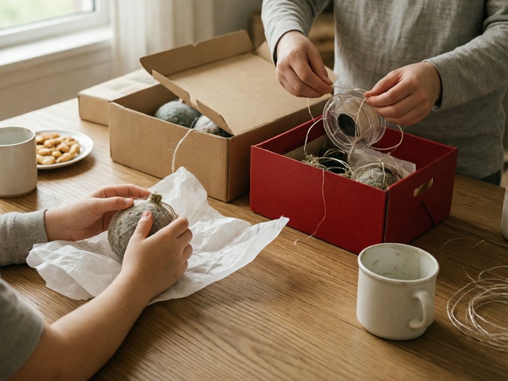 Children's hands wrapping a soft felt ornament in tissue and winding unplugged lights onto a reel beside an open red bin, with an adult supervising