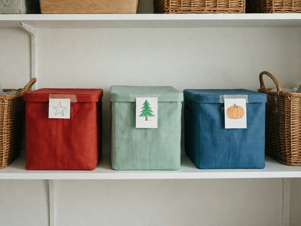 Red, mint and blue storage bins on a closet shelf, each with a child-drawn picture card taped to the lid