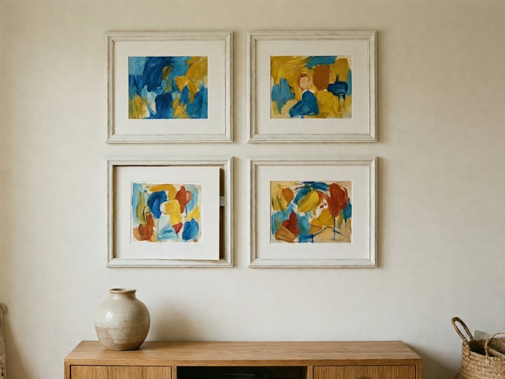 Four white changeable kids' art frames in a grid gallery wall with abstract paintings