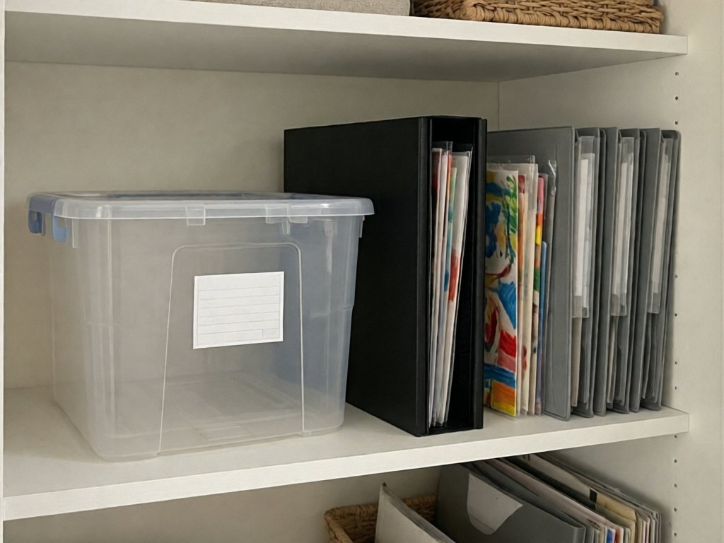 Closet shelf with a clear memory box, black art portfolio and gray accordion file for kids' artwork