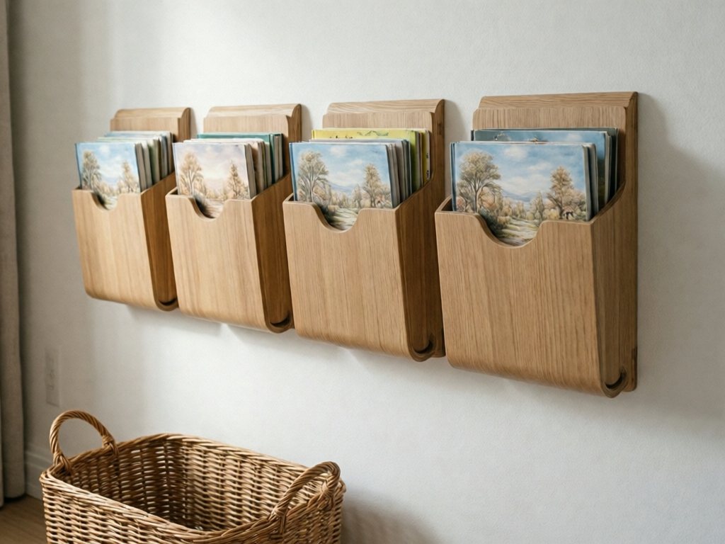 Row of four wall-mounted wood magazine files each showing one board book cover with more books tucked behind