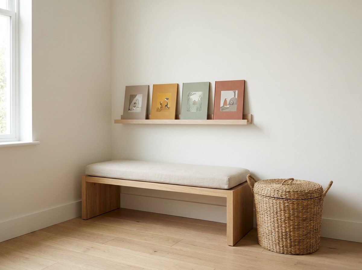 Small reading nook with low linen-cushioned bench, wall ledge of face-out books and lidded backstock basket