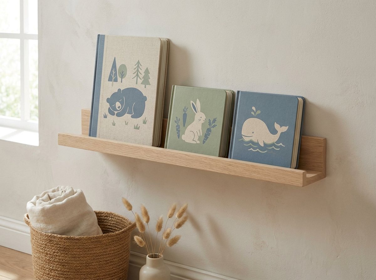 Pale wood picture ledge with a front lip holding a row of sturdy board books face-out in soft earthy tones, alternating one tall book beside shorter ones