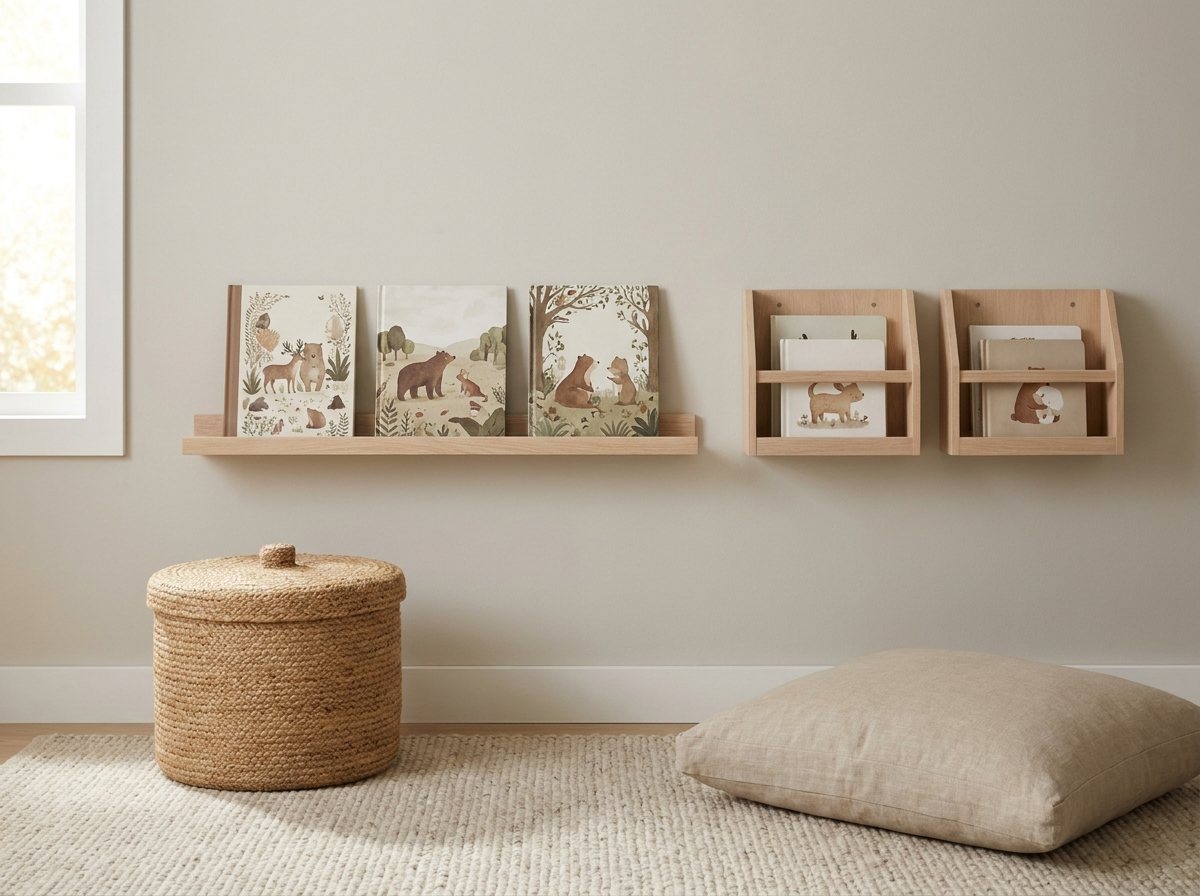 Wall with picture ledge, two magazine files, lidded backstock basket and linen floor cushion in a playroom
