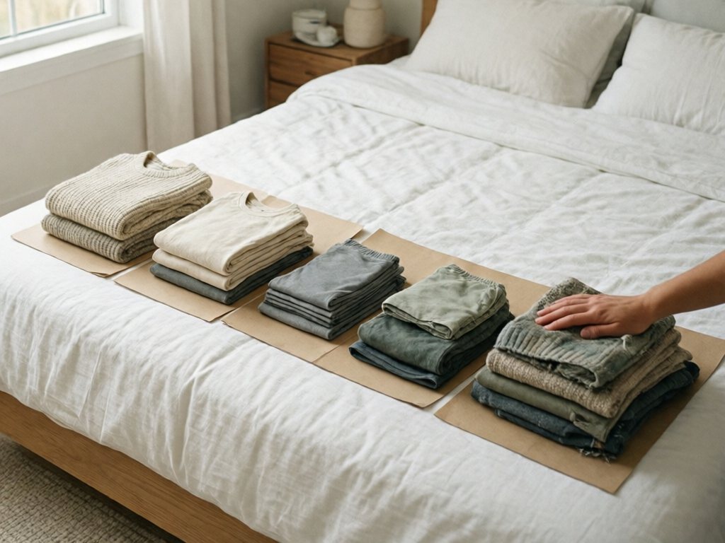 Five neat piles of folded kids' clothes sorted on a white bed, each on a sheet of kraft paper