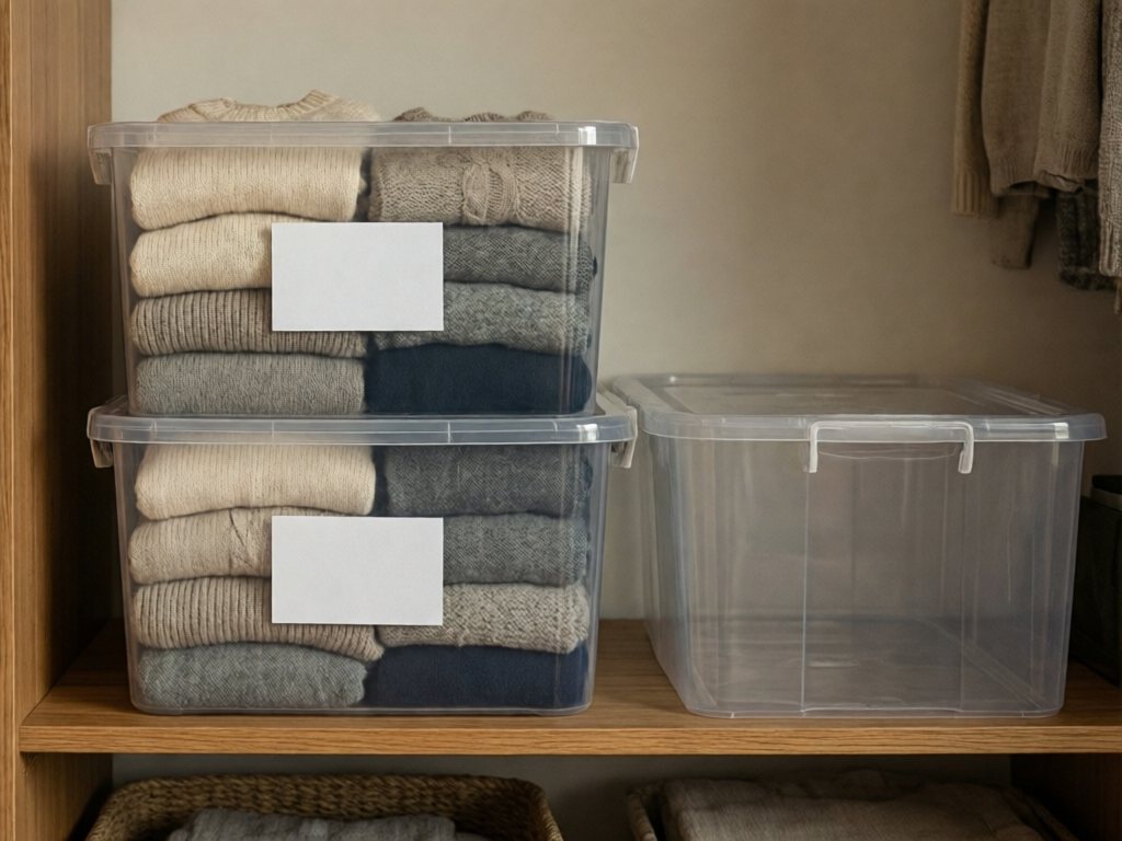 Clear lidded bins of folded kids' winter clothes stacked on a closet shelf with blank labels