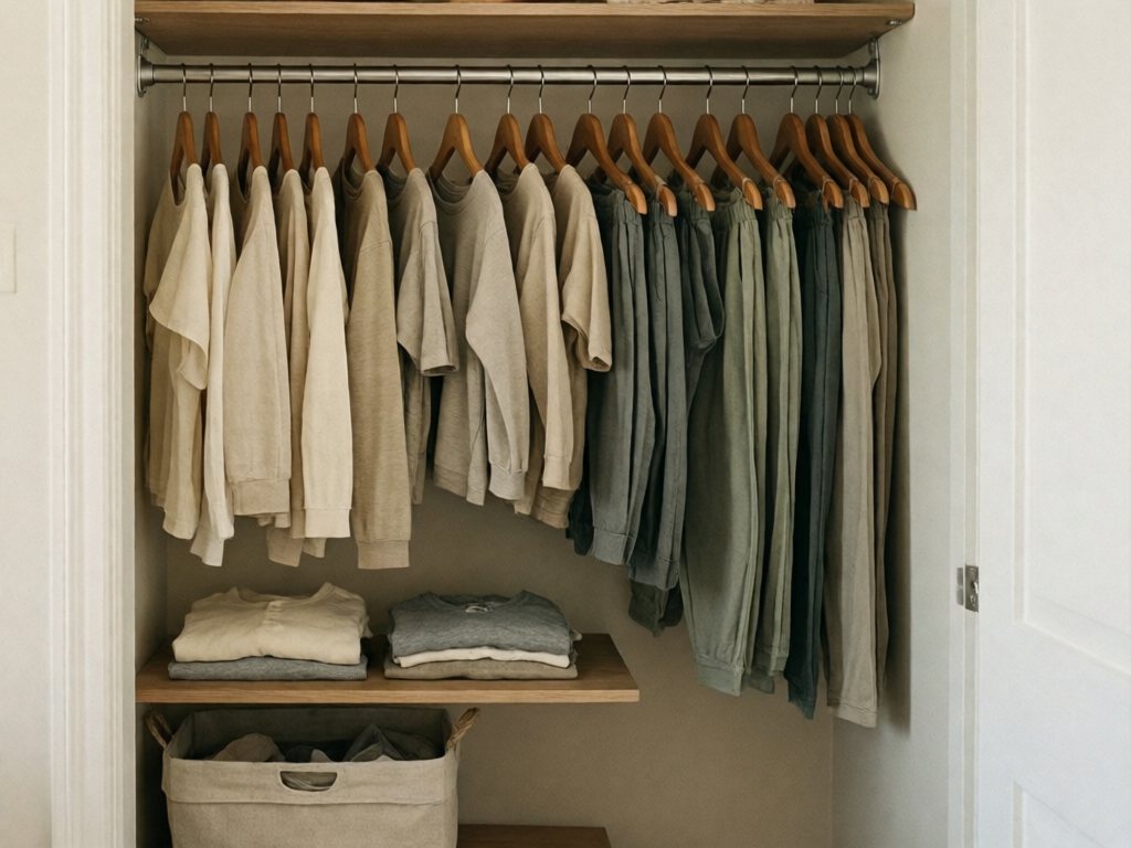 Tidy kid's closet with current-season clothes hung with space between and folded tees on a shelf