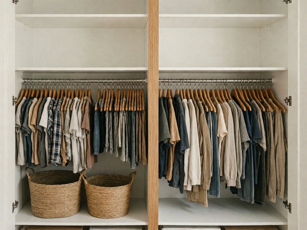 Shared kids closet split by a vertical divider, with a low hanging rod in each child's section holding small clothes
