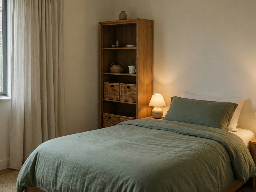 Single bed with sage bedding in an alcove beside an open bookshelf with baskets, a linen curtain and a glowing lamp