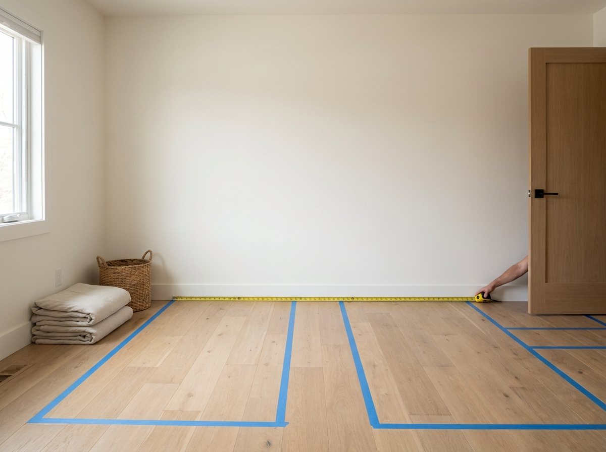 Adult hand measuring a bedroom wall with a tape measure and tape marking bed positions on the floor