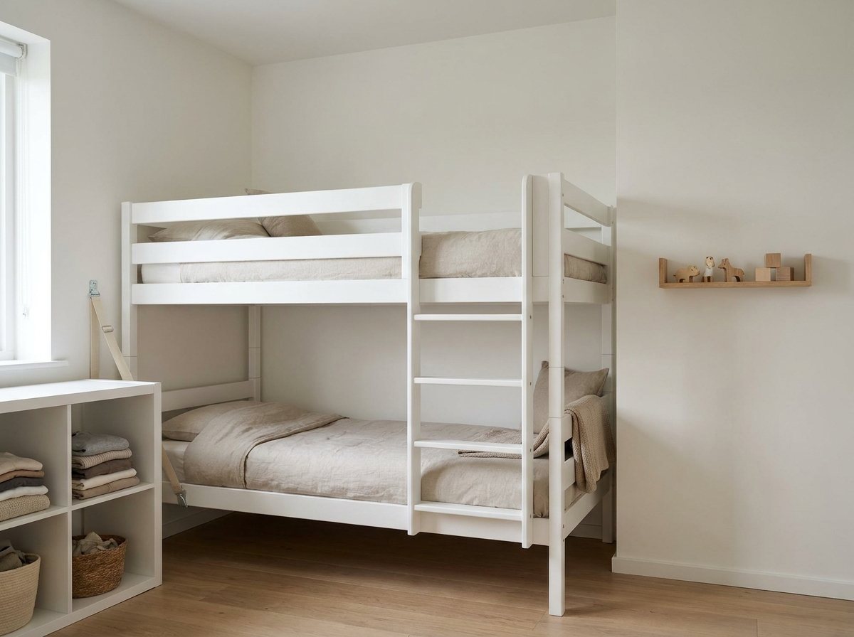 Bunk bed with guardrails and ladder, clear wall above, and cube storage anchored to the wall