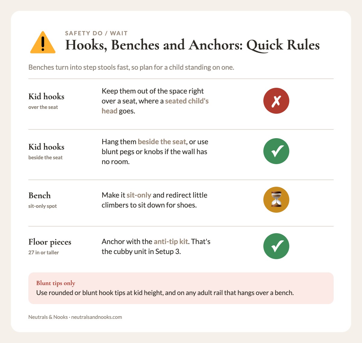 Do and wait checklist for hook placement, bench use and anchoring floor pieces in a kids' entryway