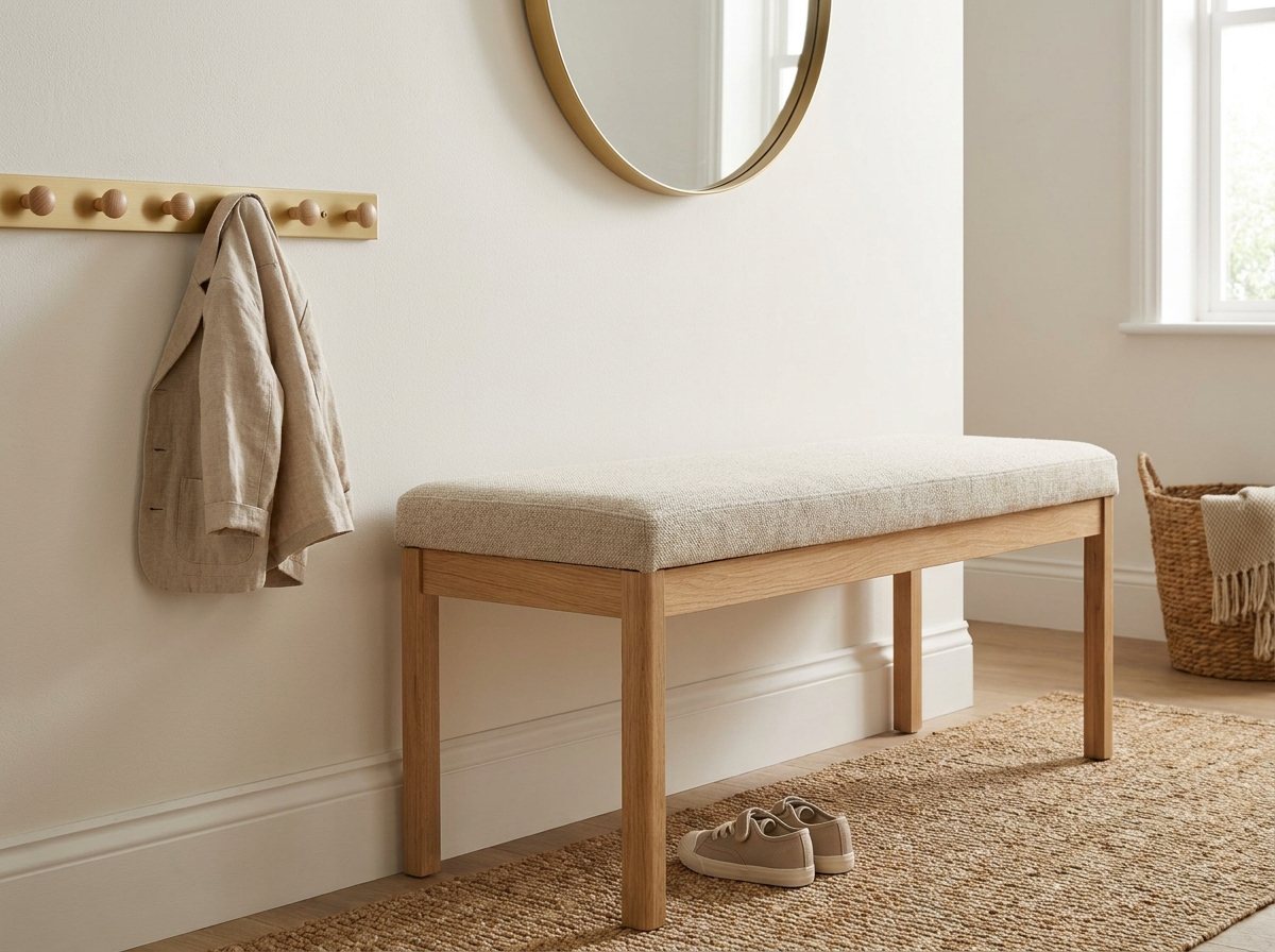Close view of an oak bench with a blunt-knob hook rail mounted beside the seat and a round mirror hung high above