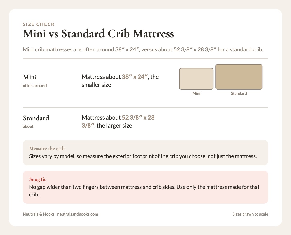 Two crib mattresses drawn to scale: a mini at 38 by 24 inches and a standard at 52 3/8 by 28 3/8 inches