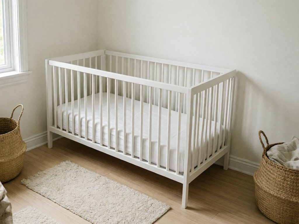 White mini crib in the corner of a small bright nursery with a cream rug