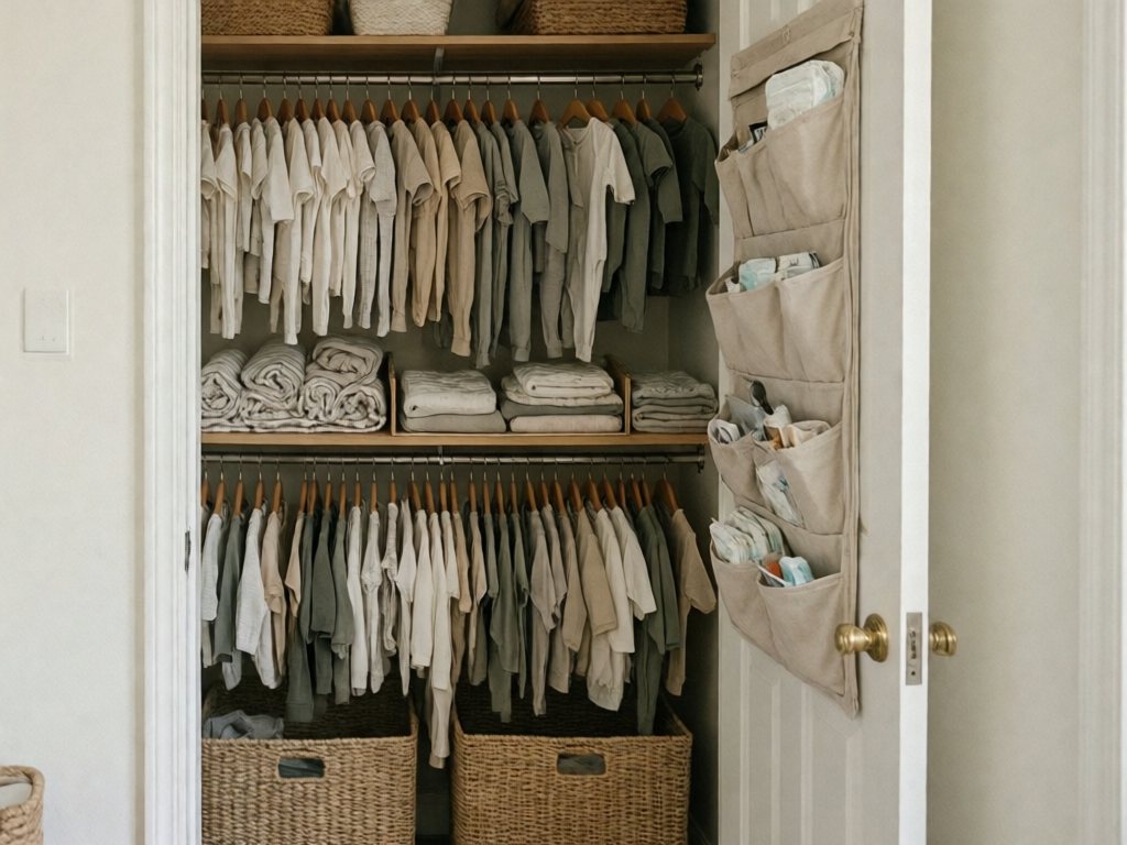 Small baby closet with double rod, shelf dividers, and woven bins, doors removed