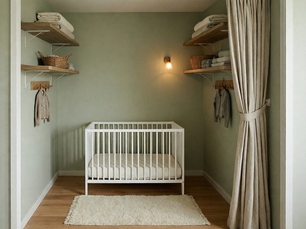 Closet converted into a nursery with mini crib, floating shelves, and sage walls