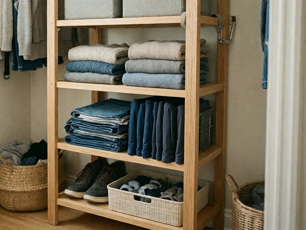 Four-tier wood shelf riser with shoes on the bottom tier, file-folded jeans, stacked sweaters, and lidded bins on the top tier