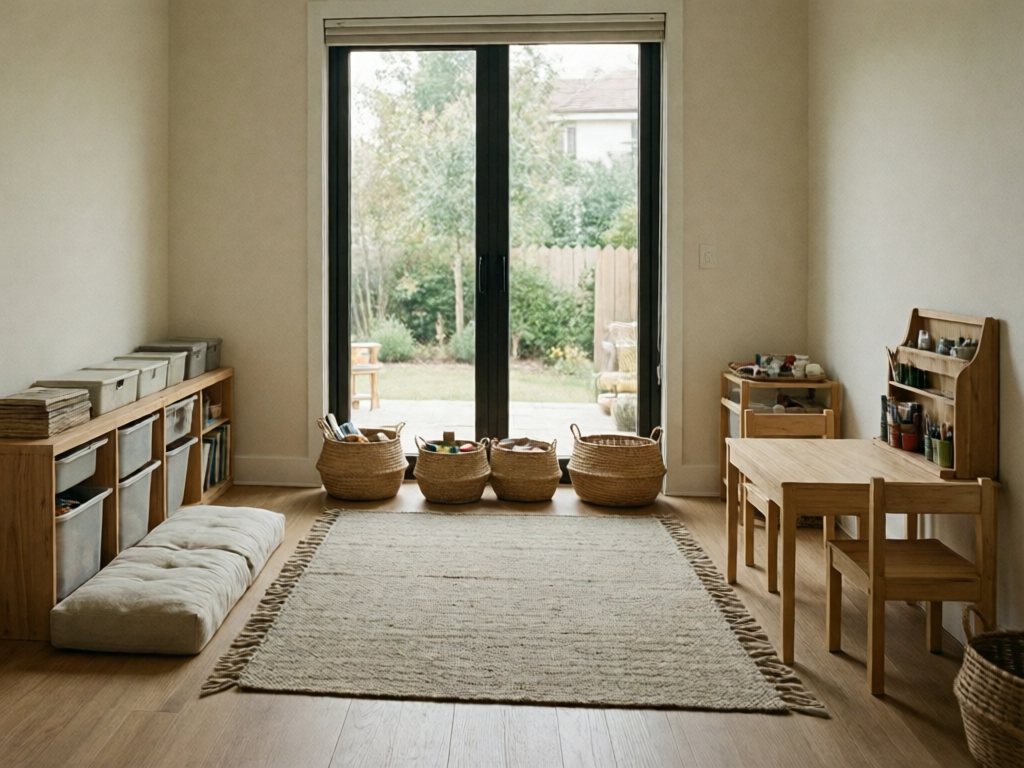 Playroom divided into calm, active and creative zones with cushion, open rug and craft table