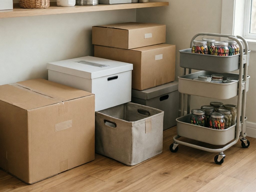 Cardboard box, bankers box, fabric bin and rolling cart arranged as budget playroom storage