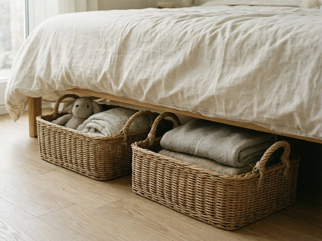Two woven baskets with soft items stored under a kids bed behind a lifted linen bed skirt