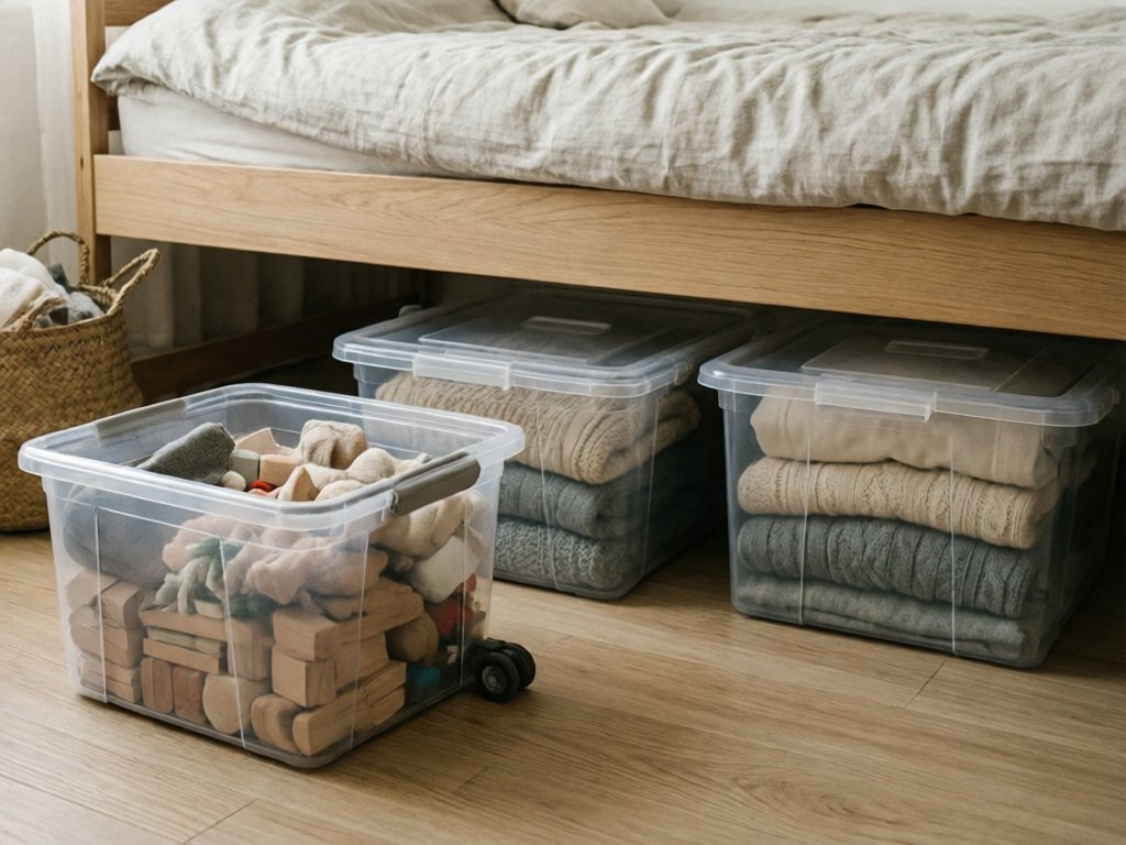 Under a kid's bed, a wheeled clear bin with wooden blocks and soft toys at the front and two flat lidded bins of folded sweaters and bedding behind it