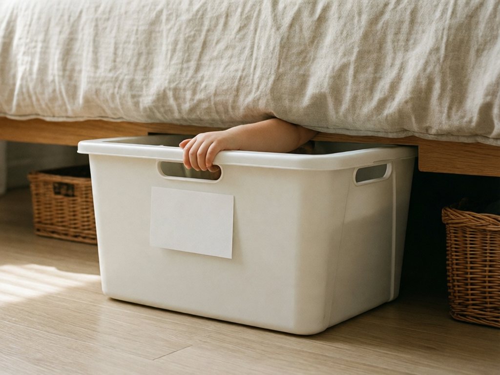 A flat white under-bed bin pulled partly out on a wood floor with a blank label and a child's hand on the handle
